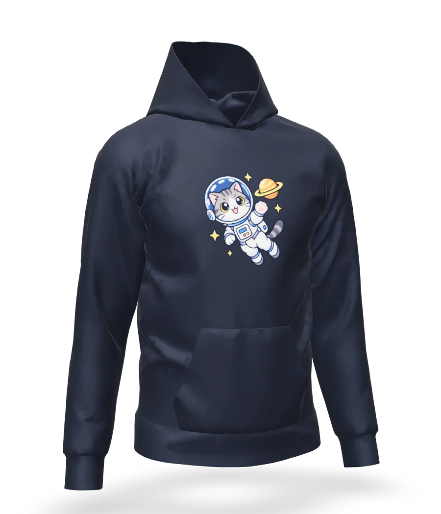 Cat Astronaut on a navy hoodie in 3D