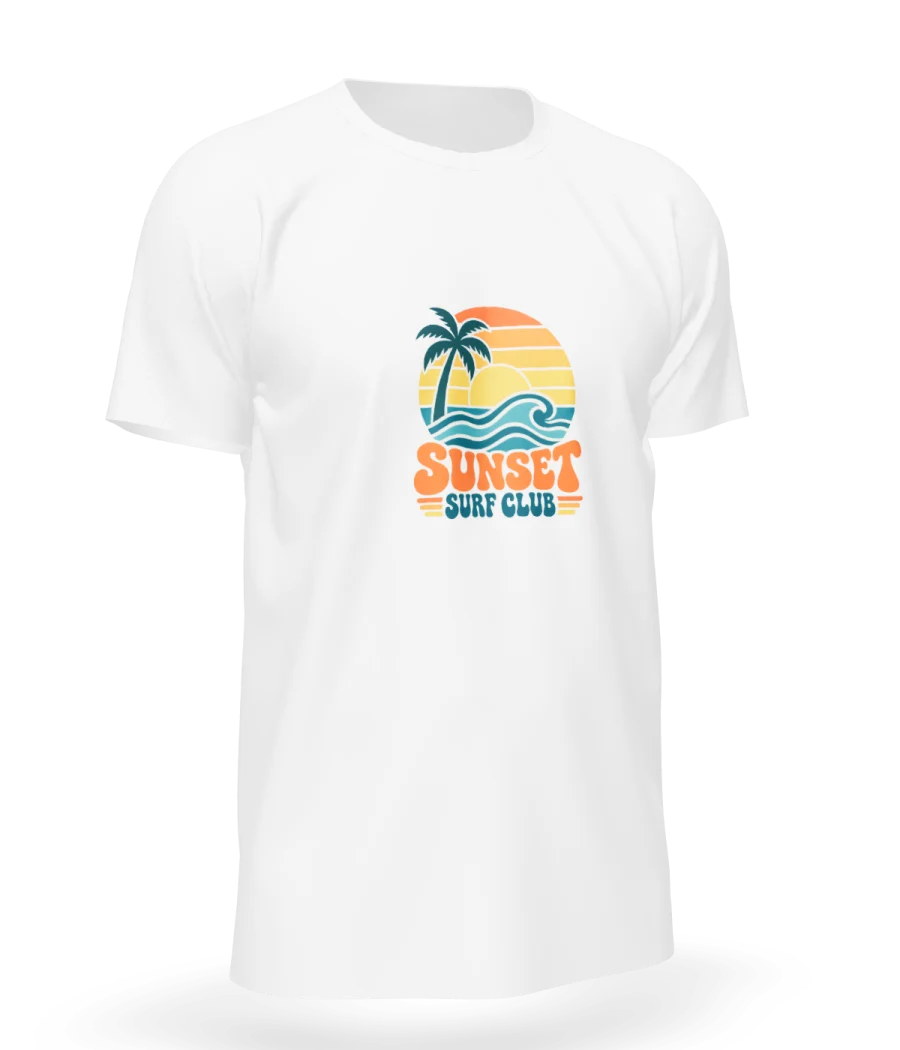 Sunset Surf Club design on a white regular t-shirt